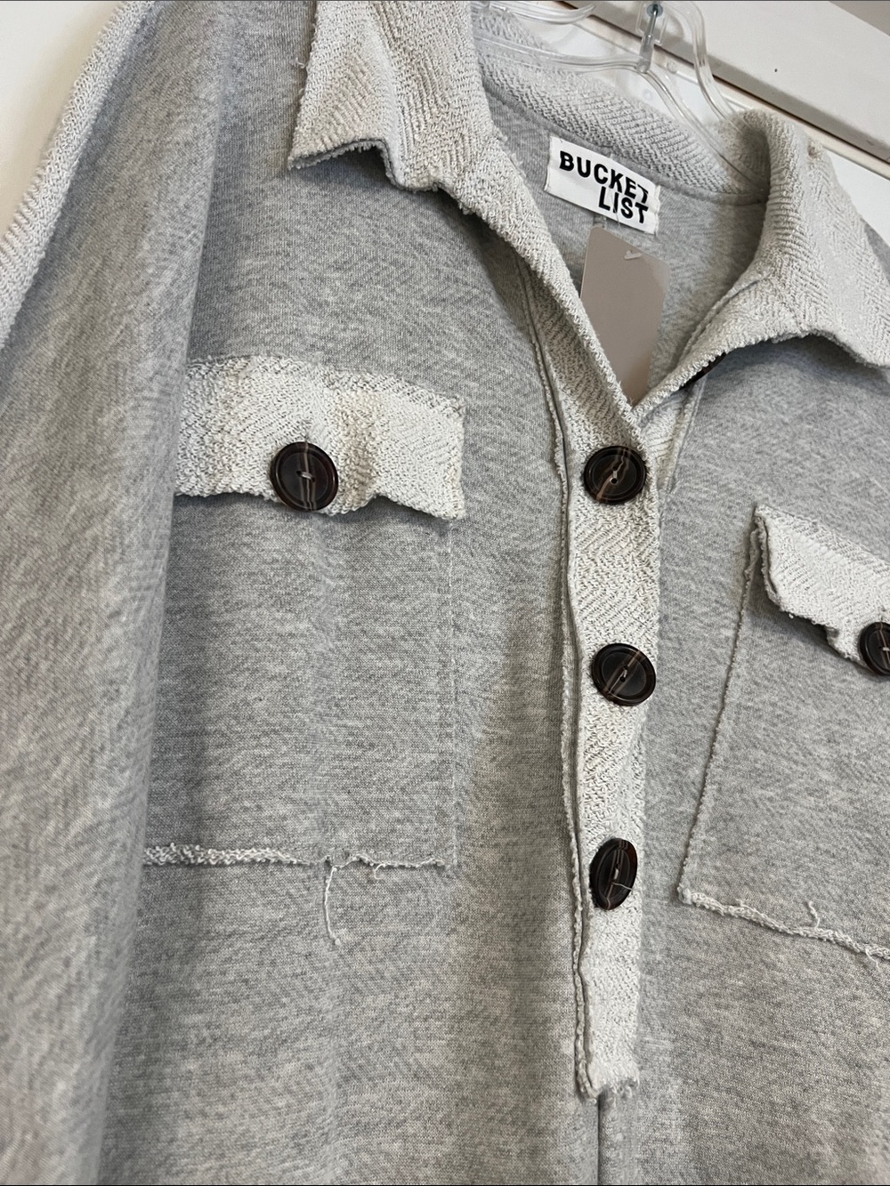 Bucket List Oversized Two-Tone Gray Wide Leg Jumpsuit Raw Edges Texture Button M - Picture 9 of 16